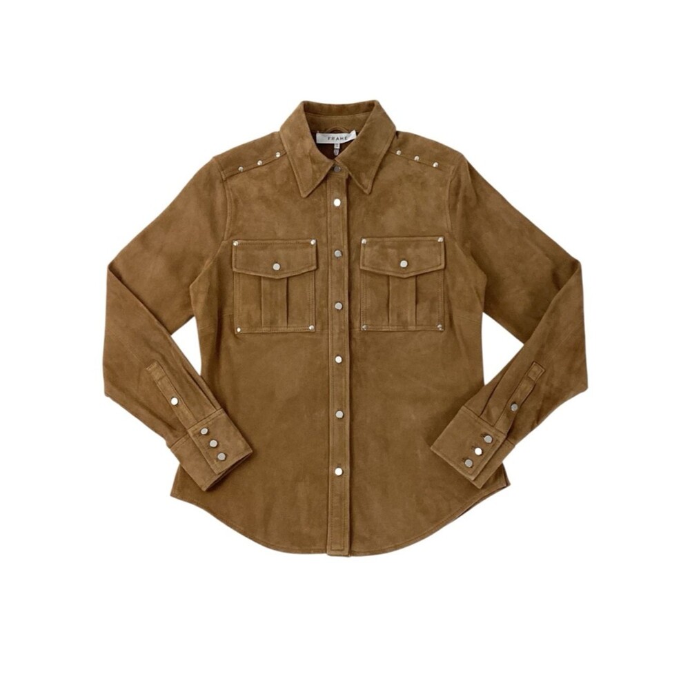 FRAME Studded Suede Utility Jacket XS Brown Leather Button Front Western